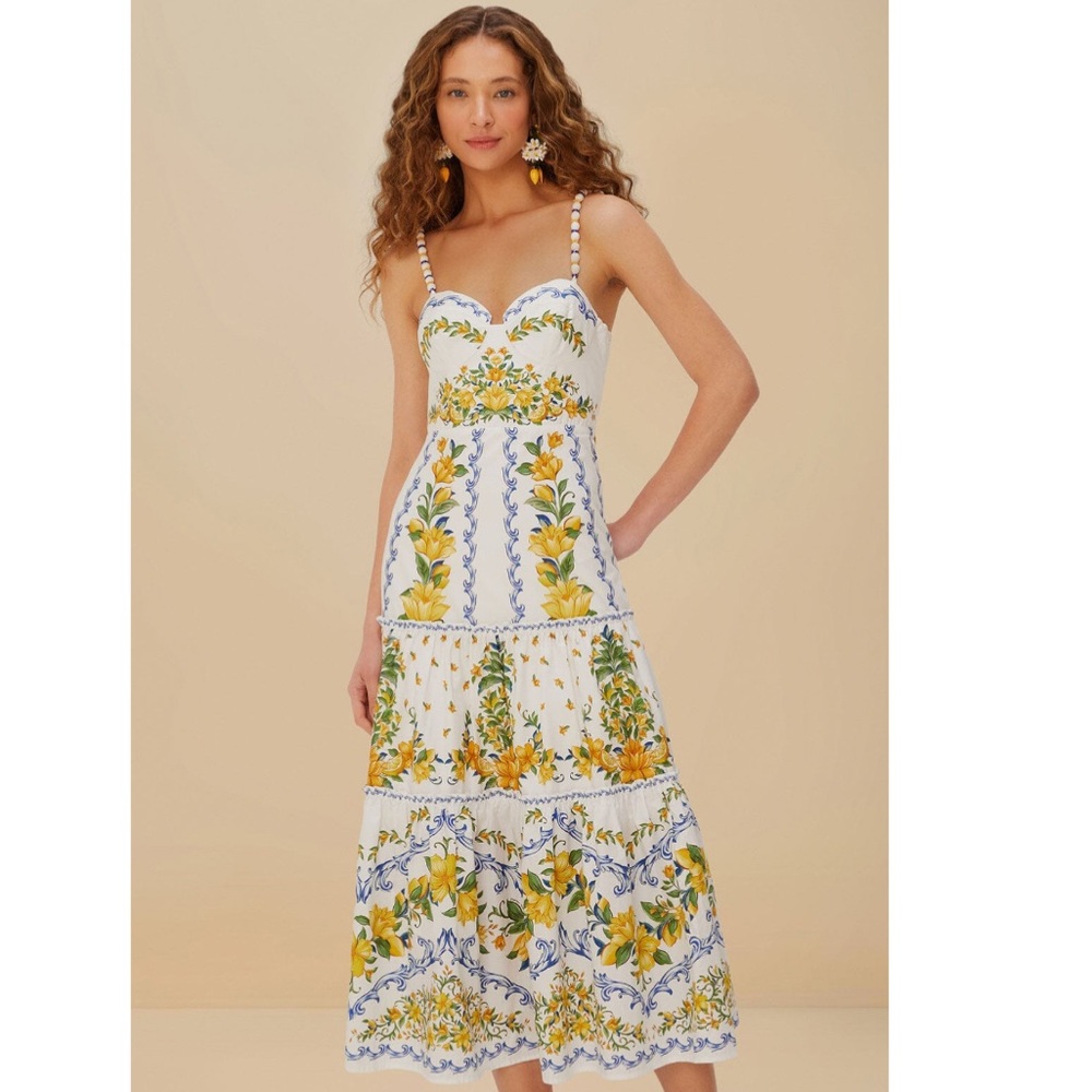 FARM Rio Off-White Sicily Organic Cotton Midi Dress Size Small NWT